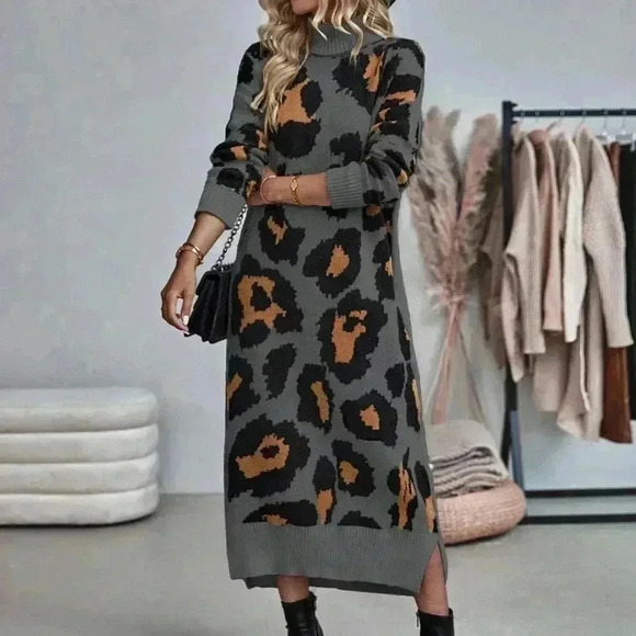 Multicolor Casual Women's Leopard Print Turtleneck Sweater Dress - Picture 1 of 6